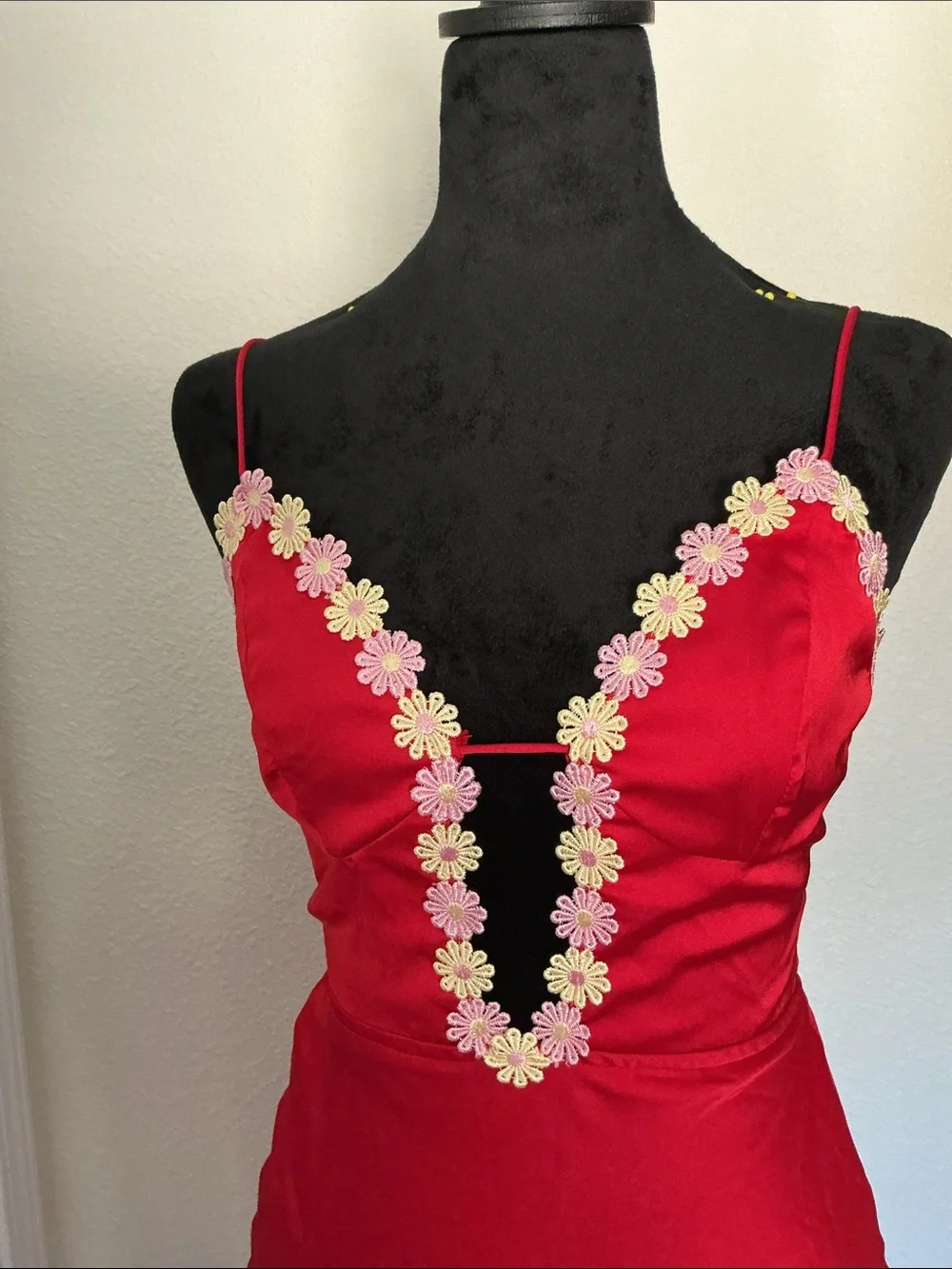 Sleeveless Red Maxi Dress with Floral Trim Accents - Picture 2 of 4